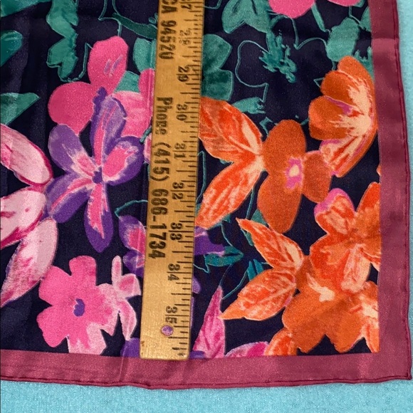 SILK SCARF square floral multicolor dark navy background NEW size 36” X 36” - Picture 4 of 5